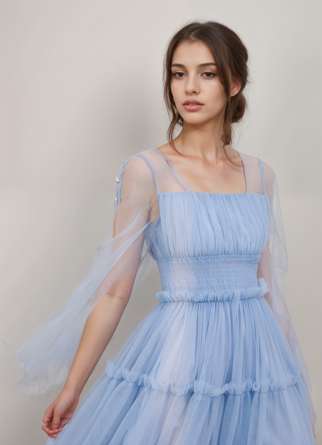 Long open sleeves ruched bodice ruffled skirt tea length tulle prom dress