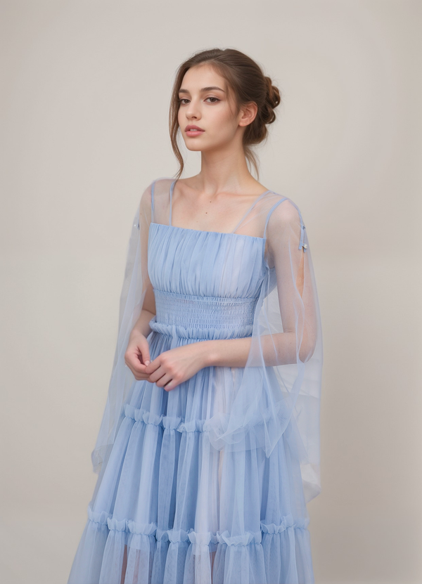 Long open sleeves ruched bodice ruffled skirt tea length tulle prom dress