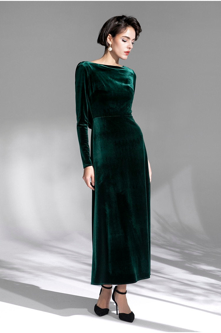 Long Sleeves Boat Neck Velvet Dress with Draped Crisscross Back 16 / Other Colors Long Sleeves Boat Neck Velvet Dress with Draped Crisscross Back 16 / Other Colors