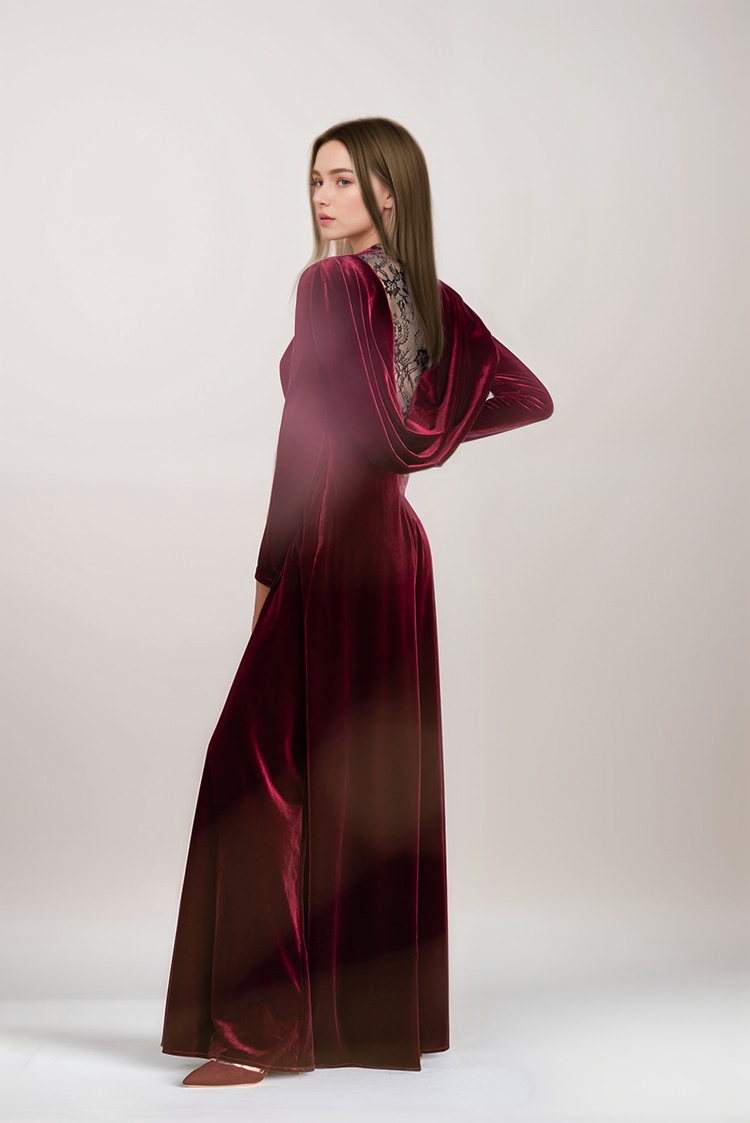 Long sleeves A-line Velvet Dress with boat neck lace illusion back 0 / Other Colors Long sleeves A-line Velvet Dress with boat neck lace illusion back 0 / Other Colors