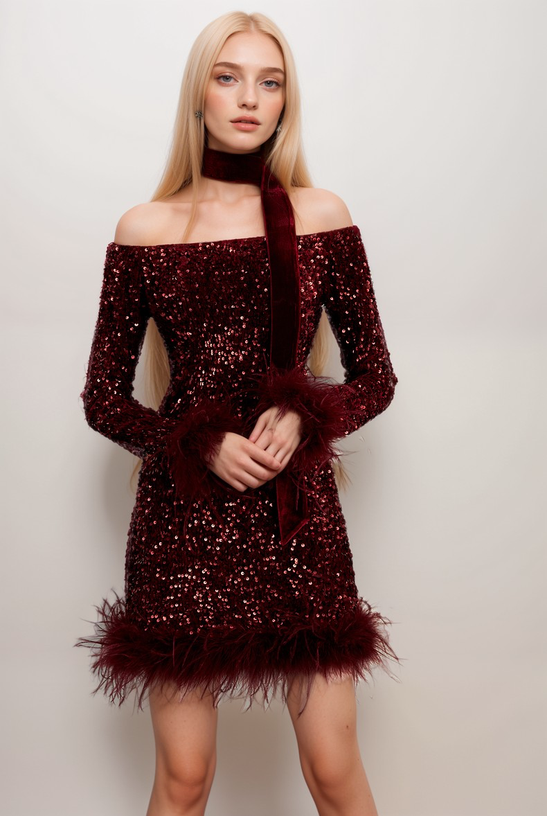 Luxurious Off-Shoulder Sequin Mini Dress with Feather Cuffs