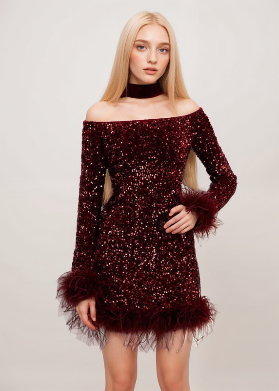 Luxurious Off-Shoulder Sequin Mini Dress with Feather Cuffs