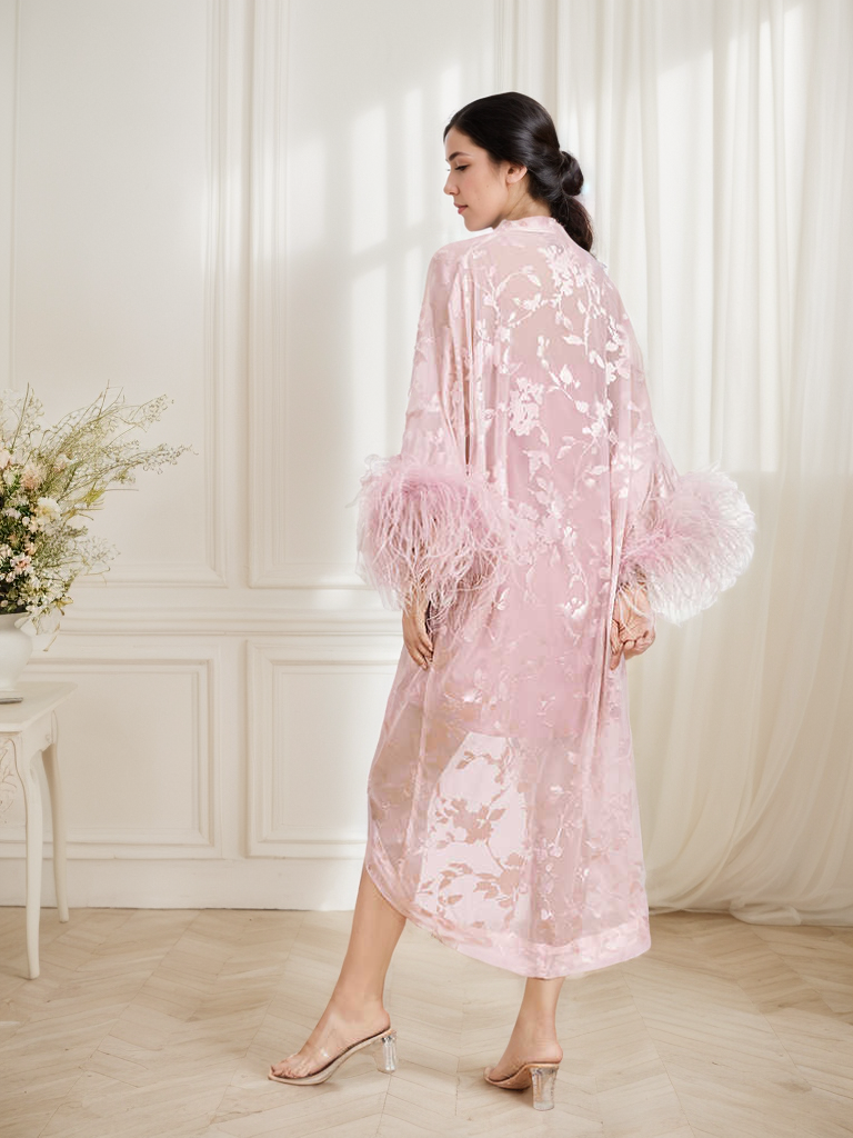 Luxurious Sequin Embroidered Lace Ostrich Feather Robe Set