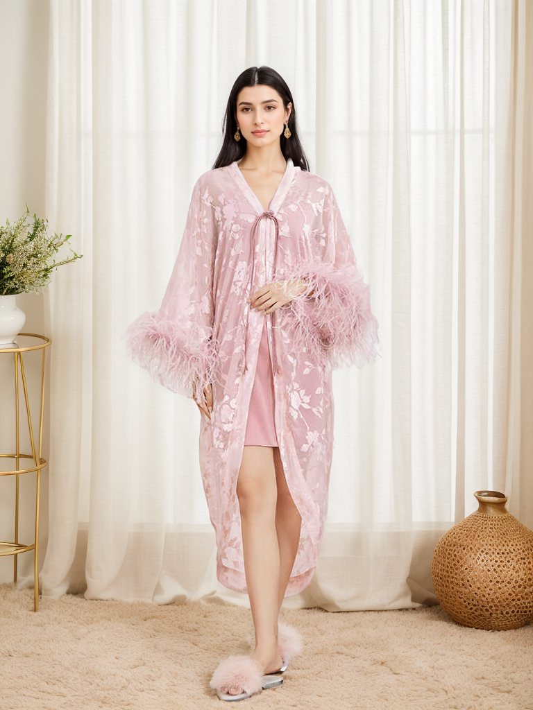 Luxurious Sequin Embroidered Lace Ostrich Feather Robe Set