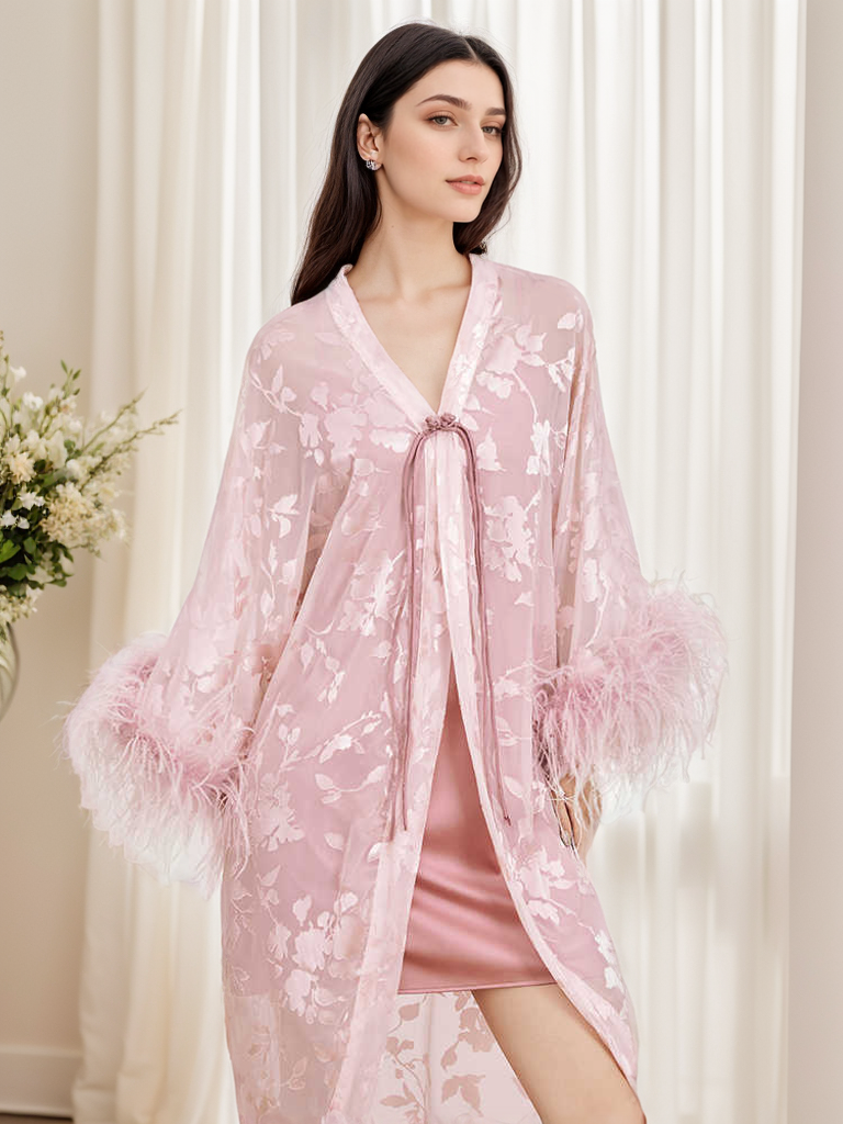 Luxurious Sequin Embroidered Lace Ostrich Feather Robe Set