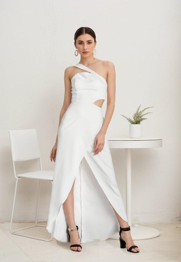 Modern Asymmetrical strap hollowed waist satin bridal dress front slit reception bridal party little white dress