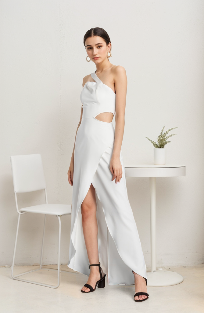 Modern Asymmetrical strap hollowed waist satin bridal dress front slit reception bridal party little white dress