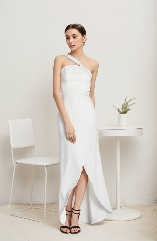 Modern Asymmetrical strap hollowed waist satin bridal dress front slit reception bridal party little white dress