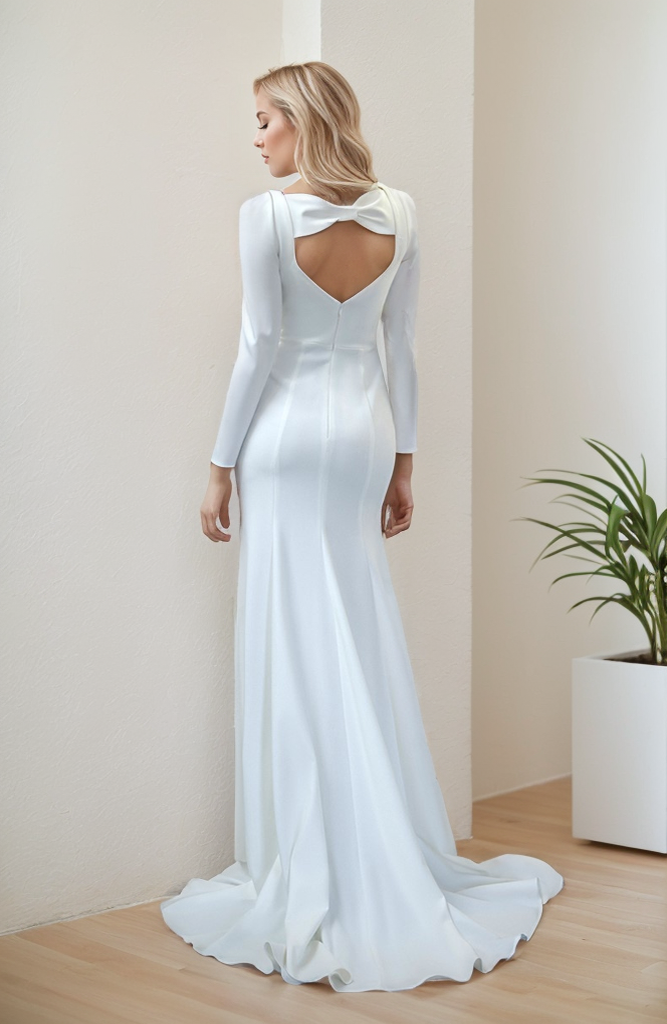 Modern Long Sleeves Square Neck Bow Design Back Stretchy Satin wedding dress mini wedding dress little white dress