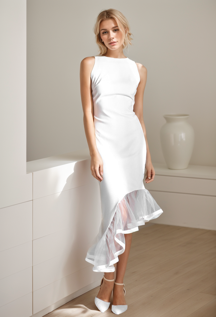 Modern Scoop Neck asymmetrical skirt hem Satin wedding dress little white dress wedding reception dress
