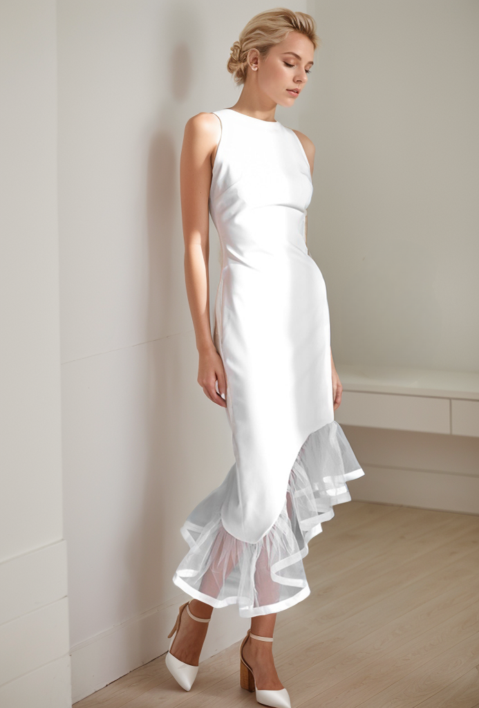 Modern Scoop Neck asymmetrical skirt hem Satin wedding dress little white dress wedding reception dress