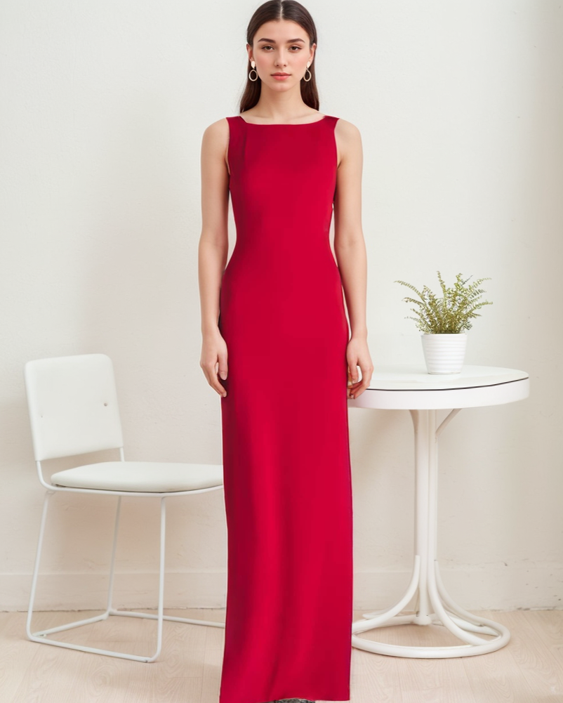 Modern bateau neckline hallowed back pencil skirt Stretchable satin pr –  SelenaHuanStudio