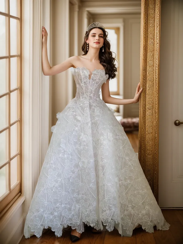 Morris - 3D beaded Floral lace sweetheart strapless ball gown wedding dress