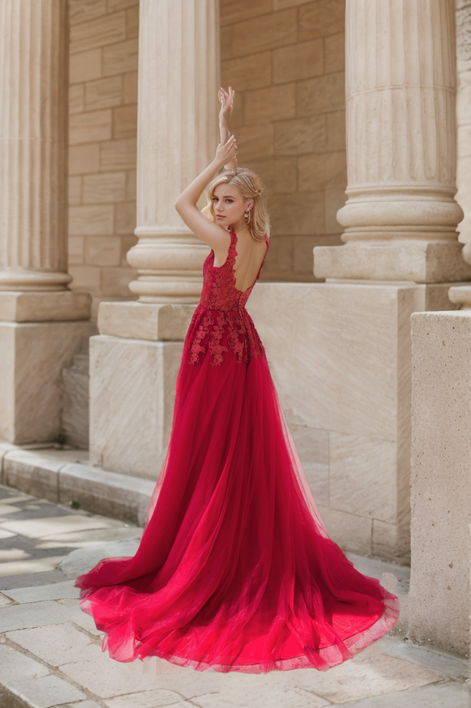 Mysteria - Ruby Red deep V-neck lace soft tulle prom dress colored wedding dress 30 / Ruby Red Mysteria - Ruby Red deep V-neck lace soft tulle prom dress colored wedding dress 30 / Ruby Red