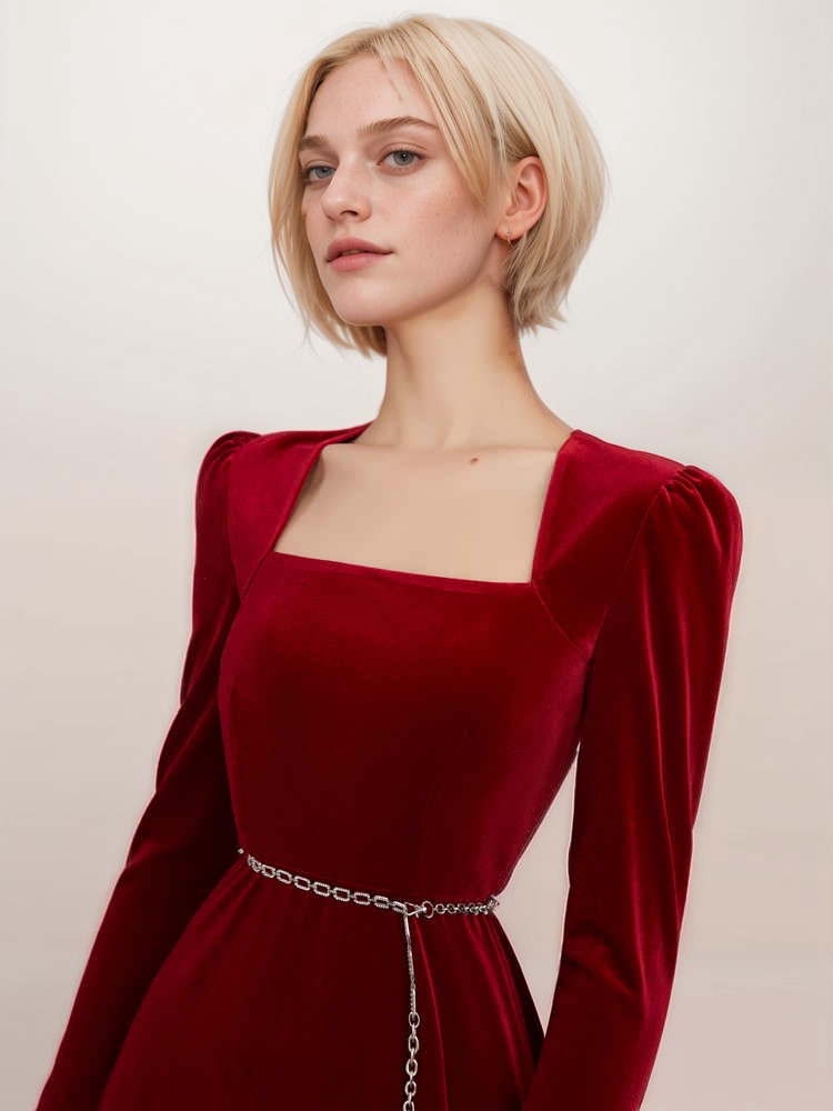 Elegant Red Velvet Midi Dress with Square Neckline and Chain Belt Detail