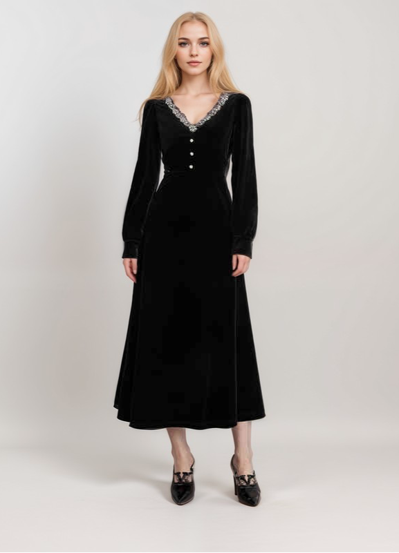 Vintage Velvet A-Line Dress with Embroidered V-Neck and Pearl Buttons