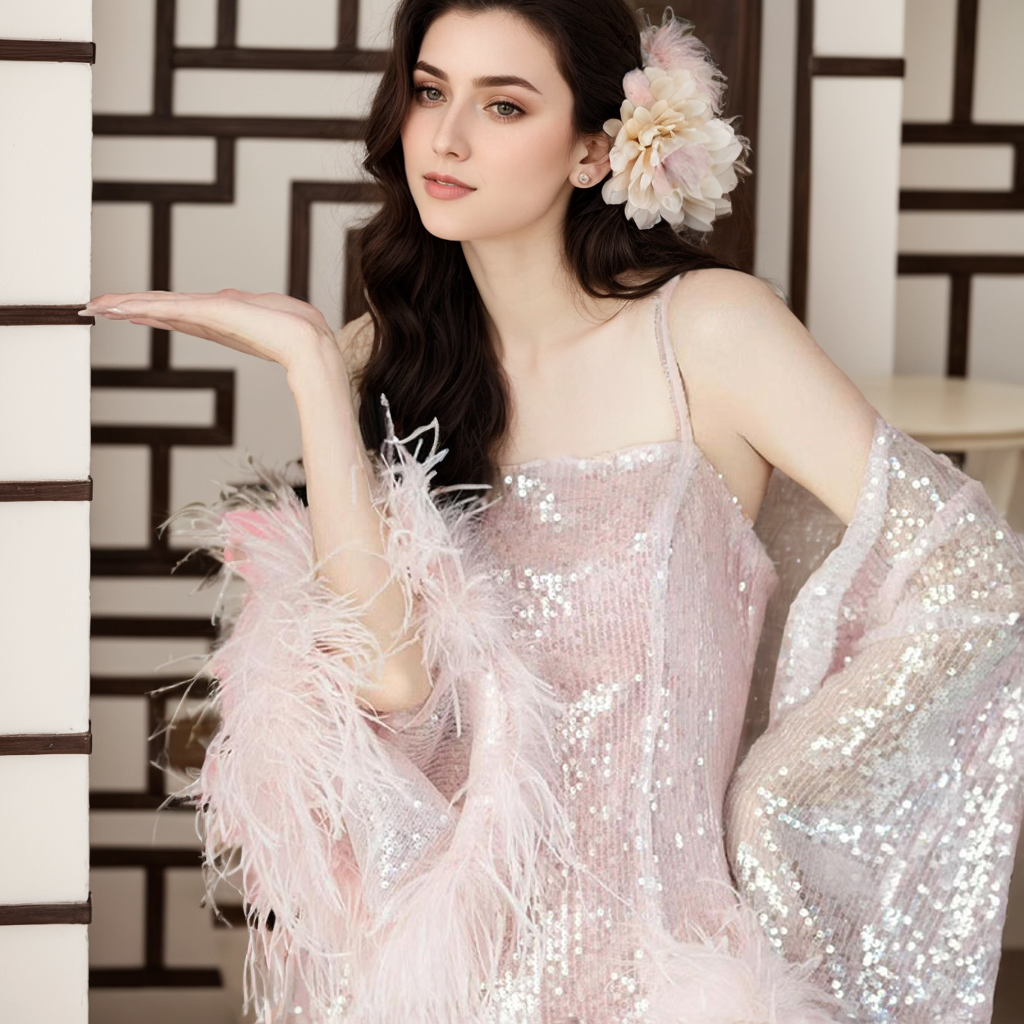 Glamorous Feather Robe Blush Pink Sequin and Ostrich Feather Long Robe Set – Glamorous Elegan ...