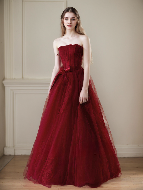 Elegant Strapless Burgundy Tulle Ball Gown with Corset Back and Ribbon Tie