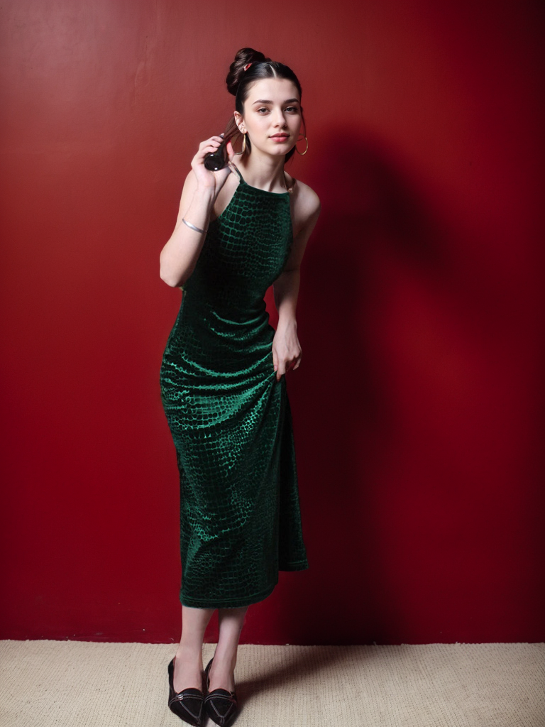 Emerald Crocodile Pattern Velvet Evening Dress - Chic and Timeless Design