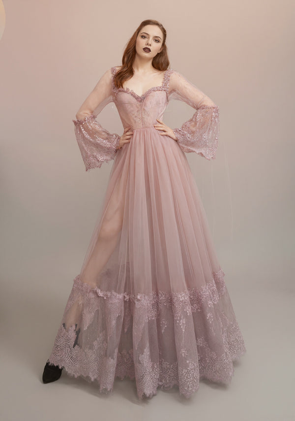 Rose Enchantress – Blush Pink Tulle Gown with Lace Bell Sleeves & Embroidered Hem