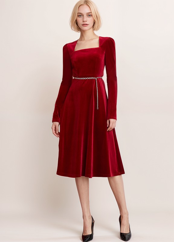 Elegant Red Velvet Midi Dress with Square Neckline and Chain Belt Detail