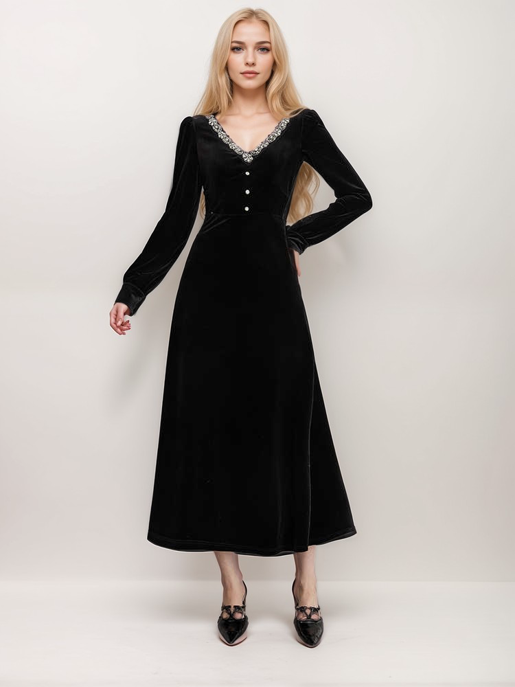 Vintage Velvet A-Line Dress with Embroidered V-Neck and Pearl Buttons