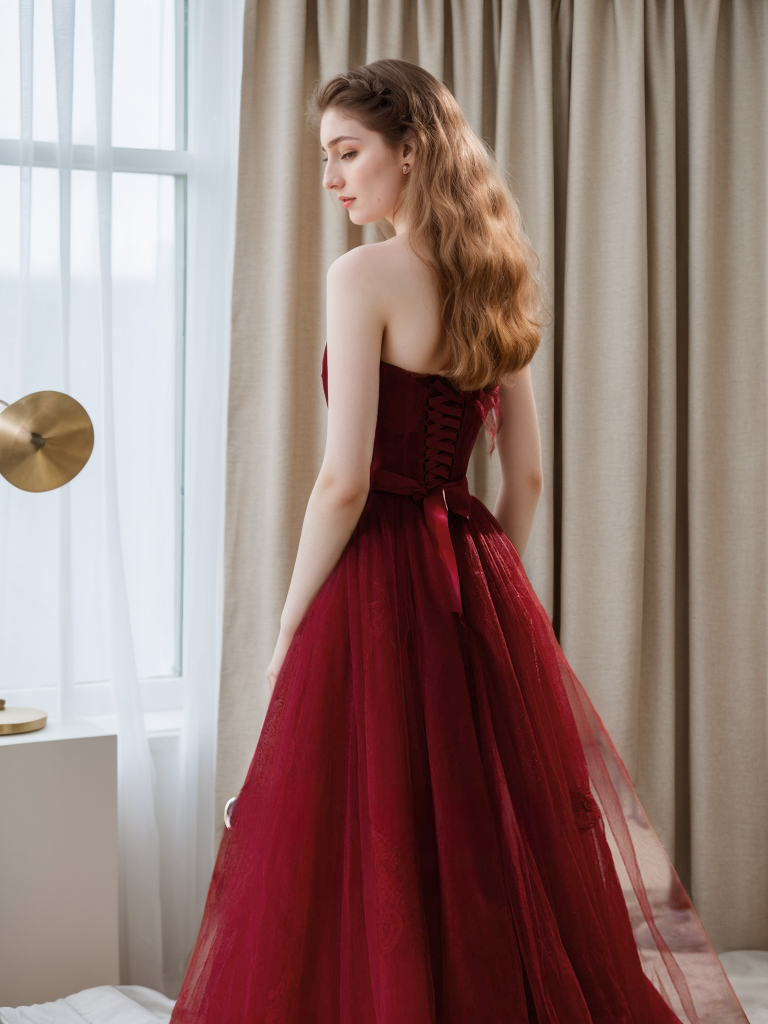 Elegant Strapless Burgundy Tulle Ball Gown with Corset Back and Ribbon Tie