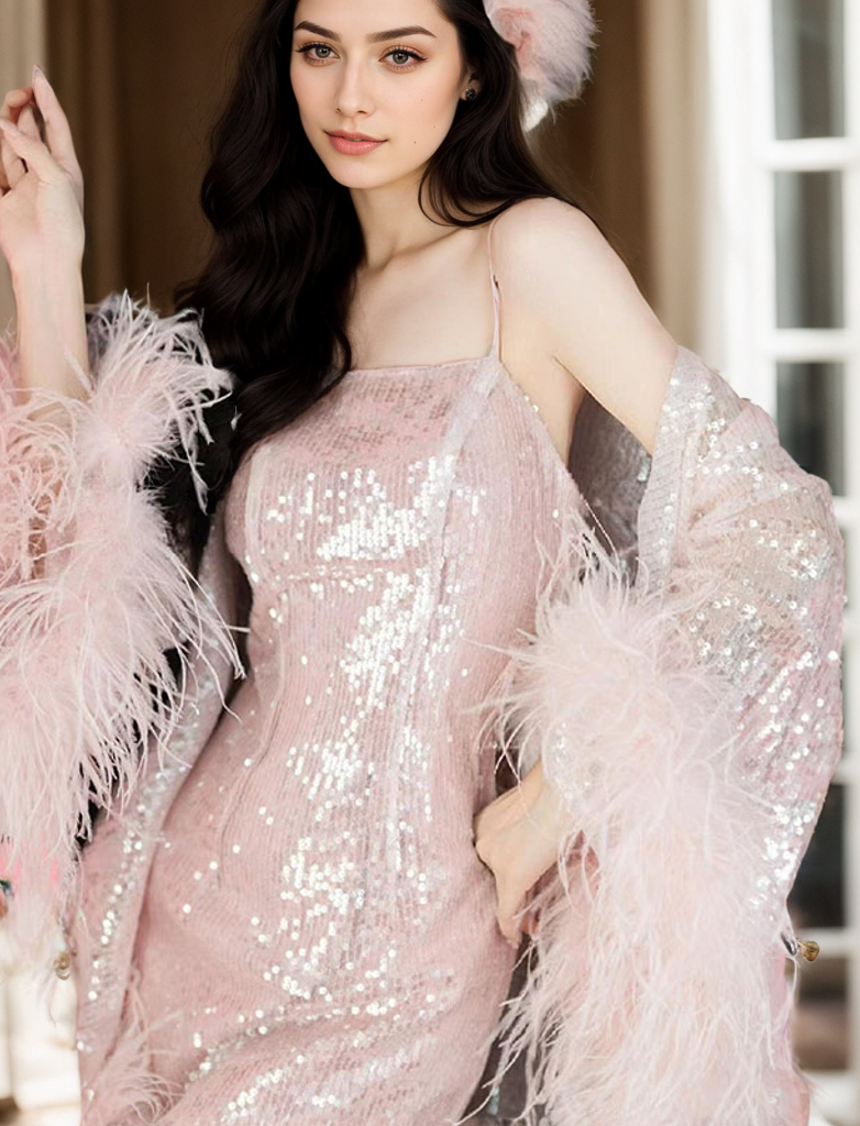 Glamorous Feather Robe Blush Pink Sequin and Ostrich Feather Long Robe Set – Glamorous Elegan ...