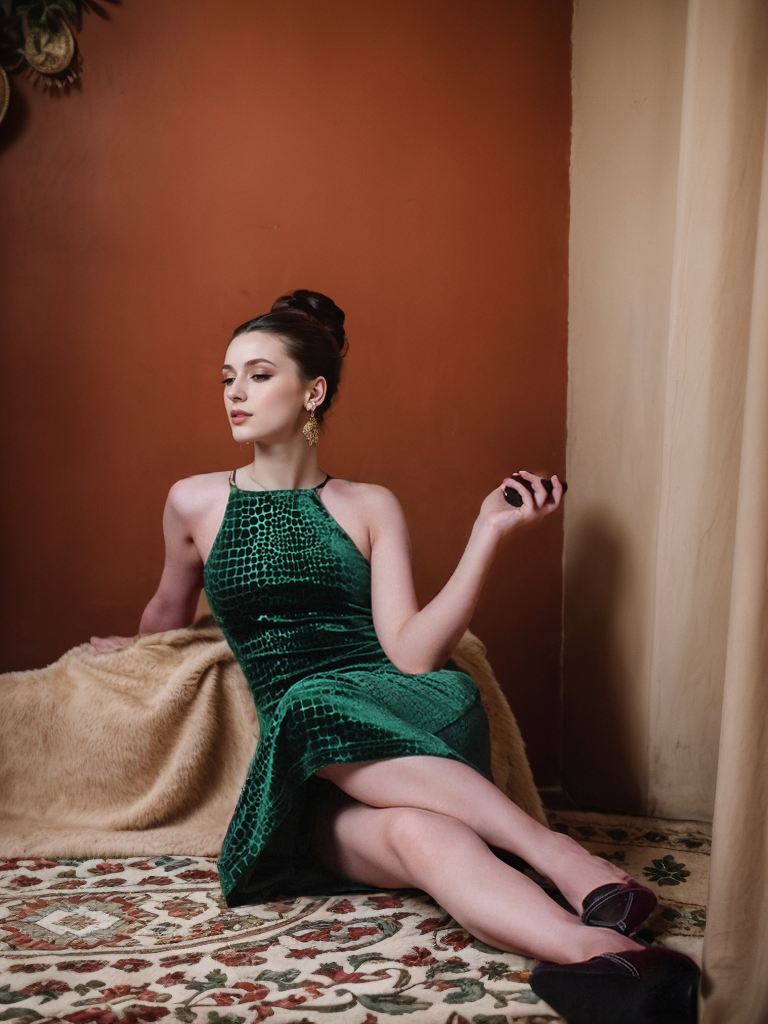 Emerald Crocodile Pattern Velvet Evening Dress - Chic and Timeless Design