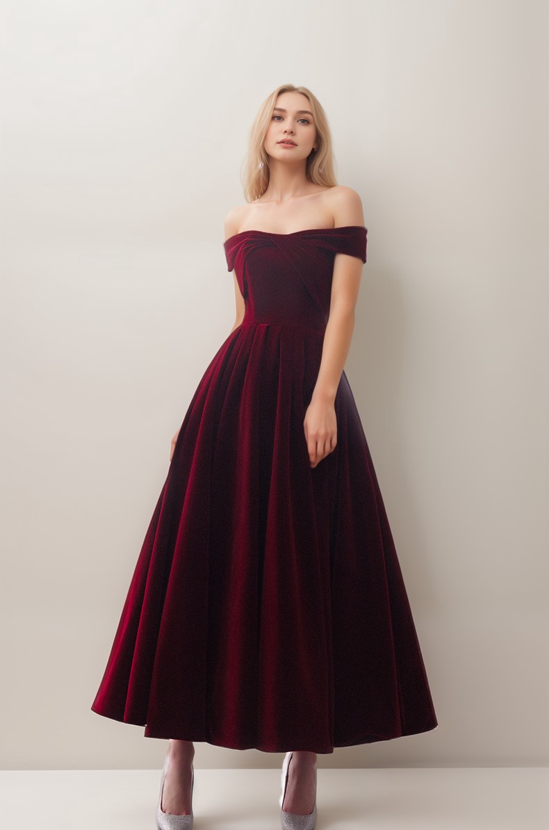 Off-the-Shoulder Ankle-Length Ball Gown Velvet Dress 24 / Wine Off-the-Shoulder Ankle-Length Ball Gown Velvet Dress 24 / Wine