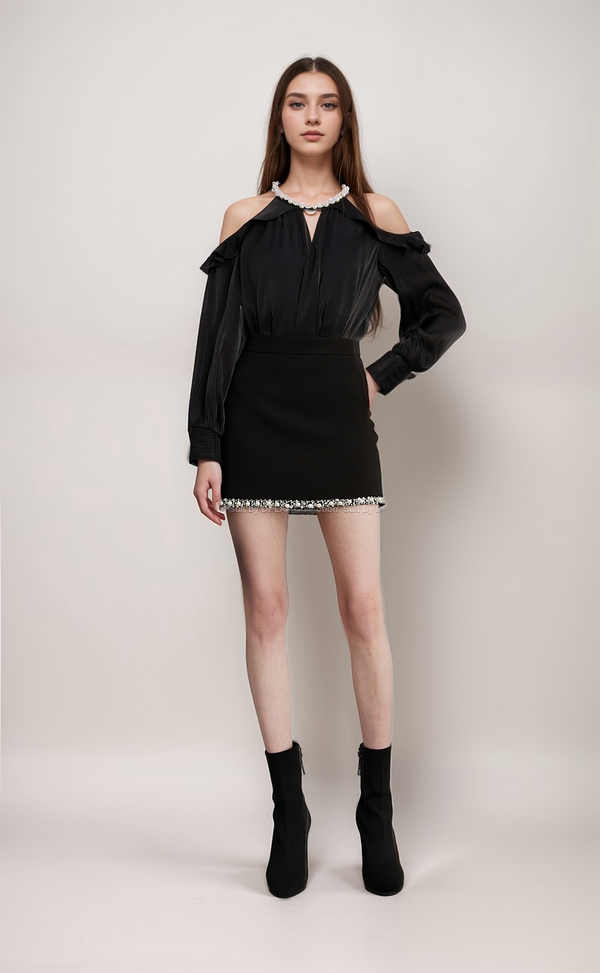 Pearl-Trimmed Cold Shoulder Mini Velvet Dress with Ruffle Details