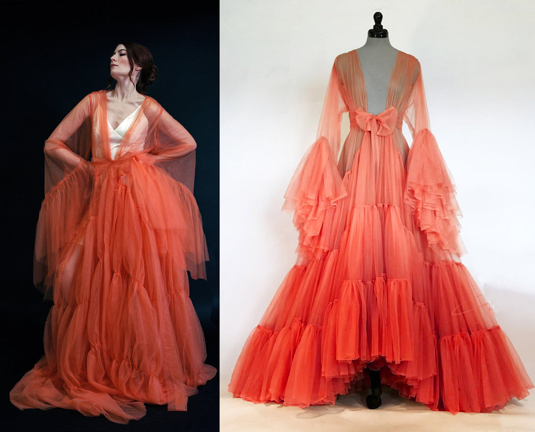 Layered Robe Tulle Ruffled Sleeves Layered Fringe Long Robe Dress – SelenaHuanStudio