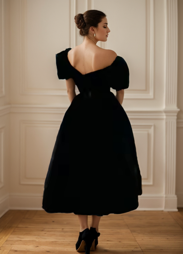 Off-The-Shoulder Flutter Sleeves Pleated Tea-Length Dresses Mulberry
