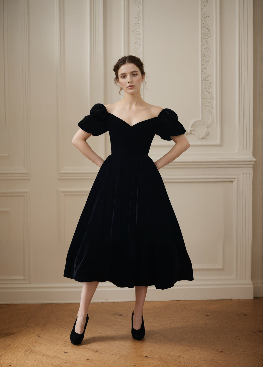 Puffed Off-the-shoulder sleeves Ball gown tea length Velvet Dress 0 / Other Colors Puffed Off-the-shoulder sleeves Ball gown tea length Velvet Dress 0 / Other Colors