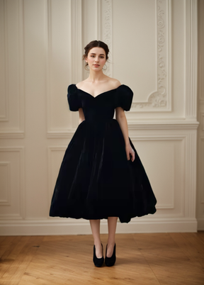 Off-The-Shoulder Flutter Sleeves Pleated Tea-Length Dresses Papaya