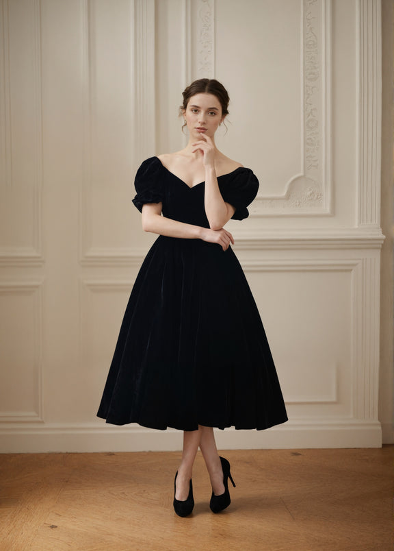 Off-The-Shoulder Flutter Sleeves Pleated Tea-Length Dresses Plum