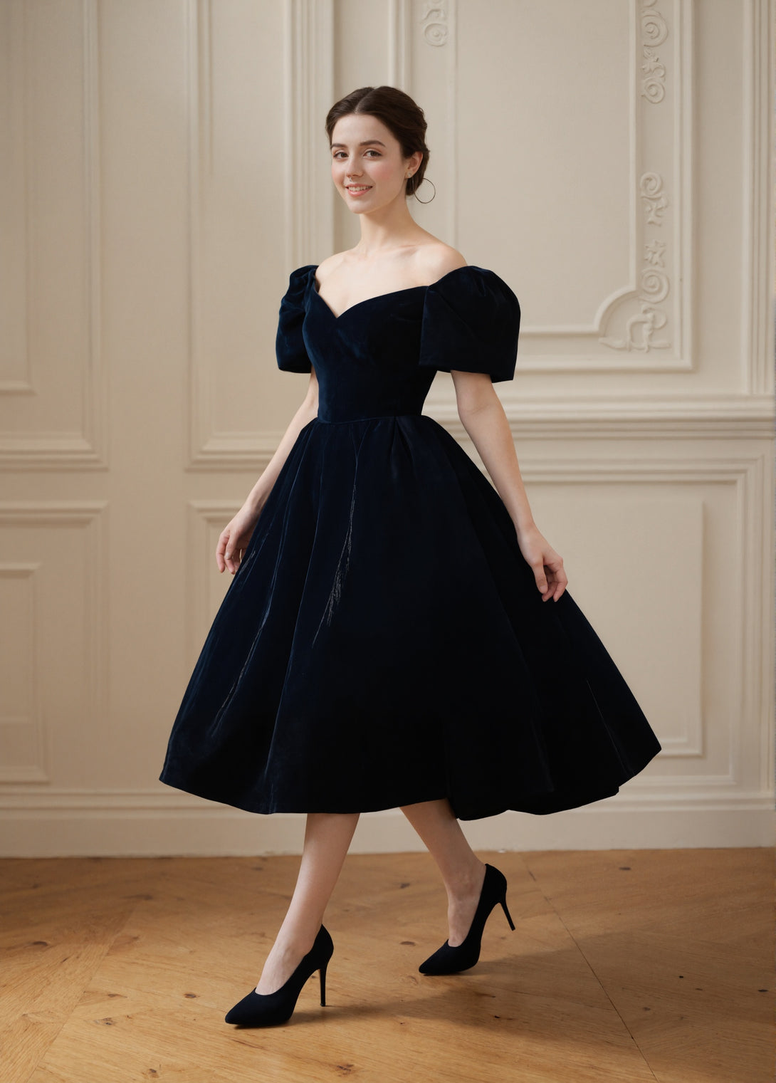 Puffed Off-the-shoulder sleeves Ball gown tea length Velvet Dress 0 / Other Colors Puffed Off-the-shoulder sleeves Ball gown tea length Velvet Dress 0 / Other Colors
