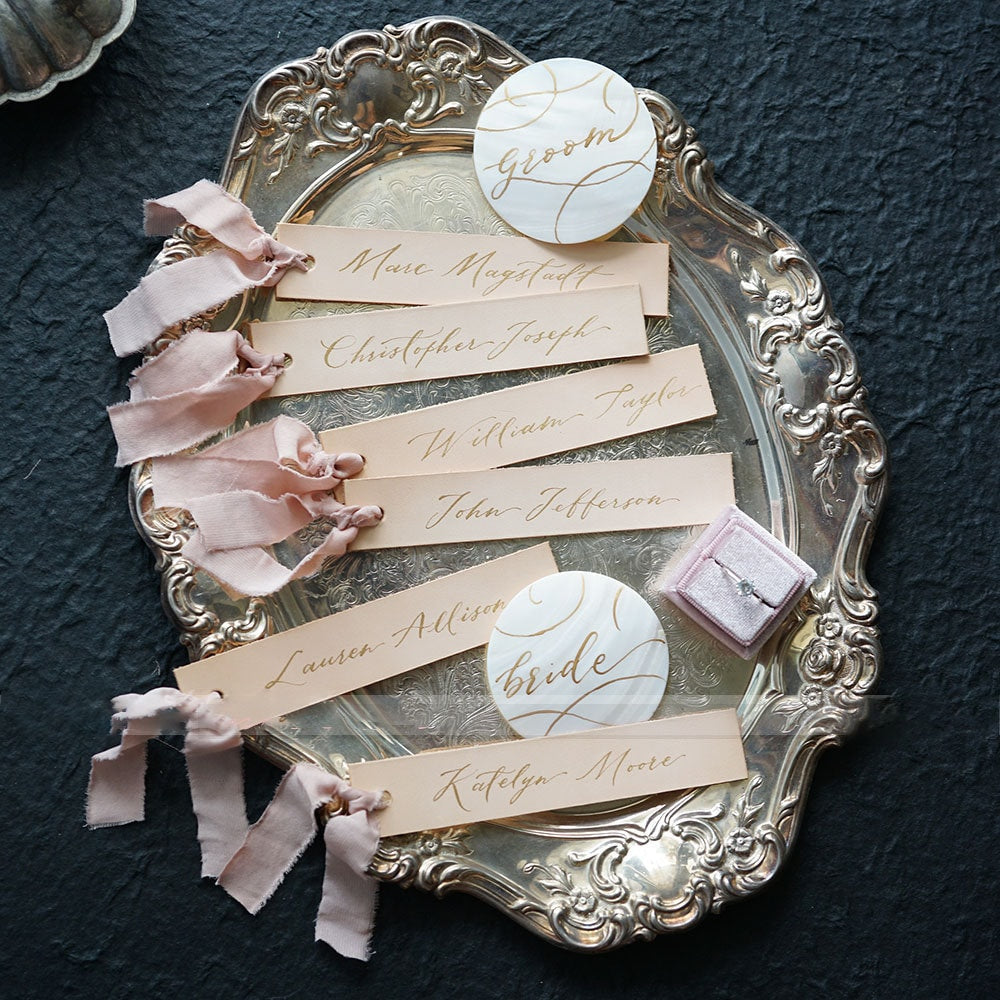 3-4" Raw Round Capiz shells Handwritten Calligraphy Place | Escort Card