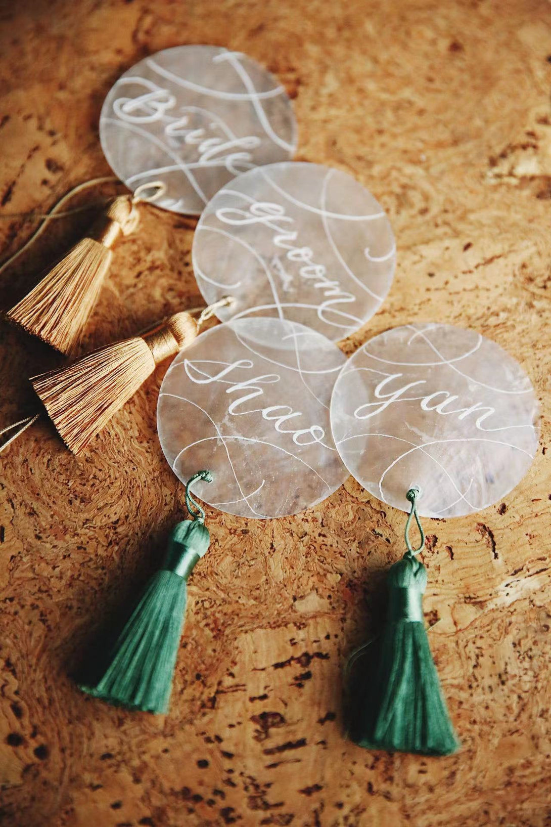 3-4" Raw Round Capiz shells Handwritten Calligraphy Place | Escort Card with tassel