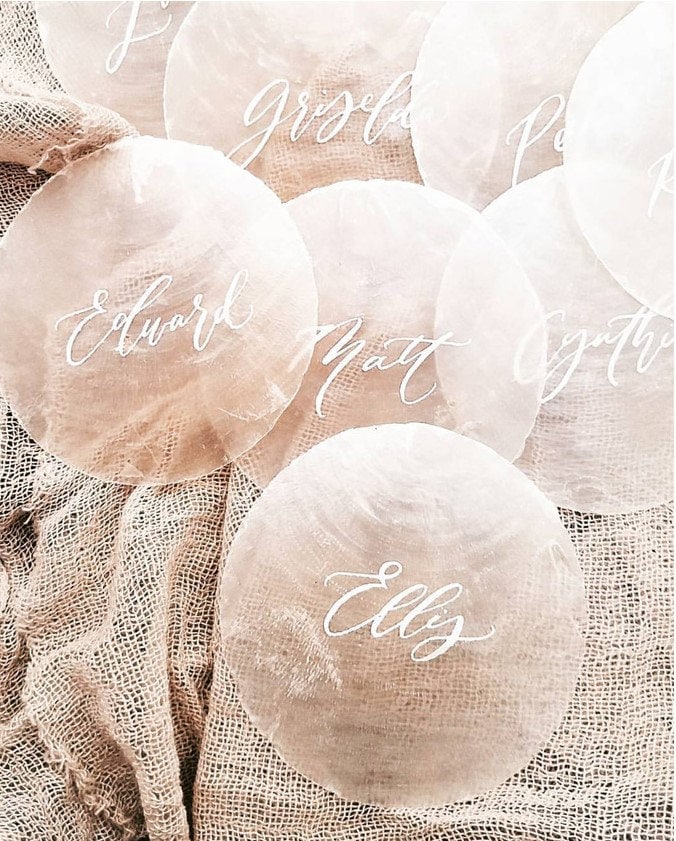 3-4" Raw Round Capiz shells Handwritten Calligraphy Place | Escort Card white ink