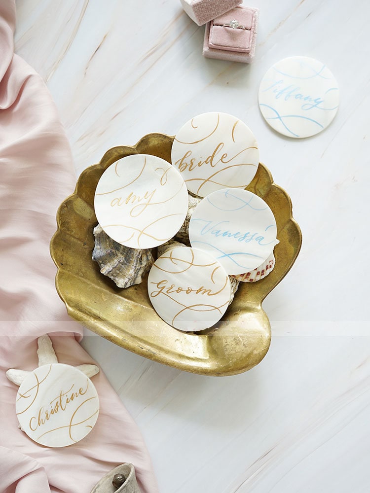 3-4" Raw Round Capiz shells Handwritten Calligraphy Place | Escort Card