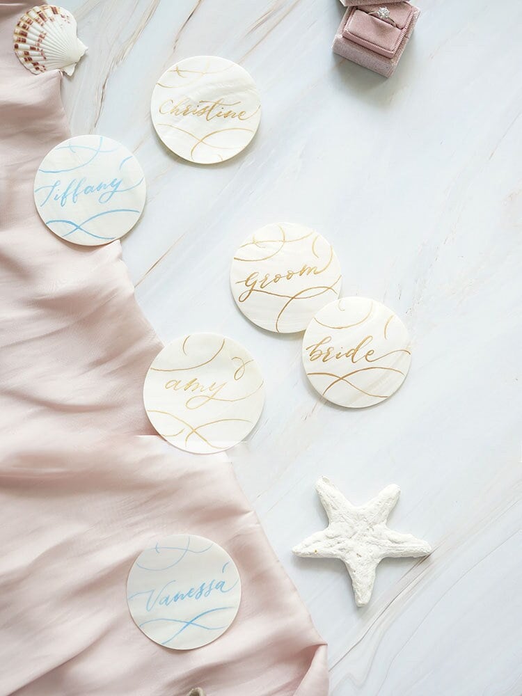Handwritten Capiz Shell Calligraphy Place Cards for Beach & Coastal We ...