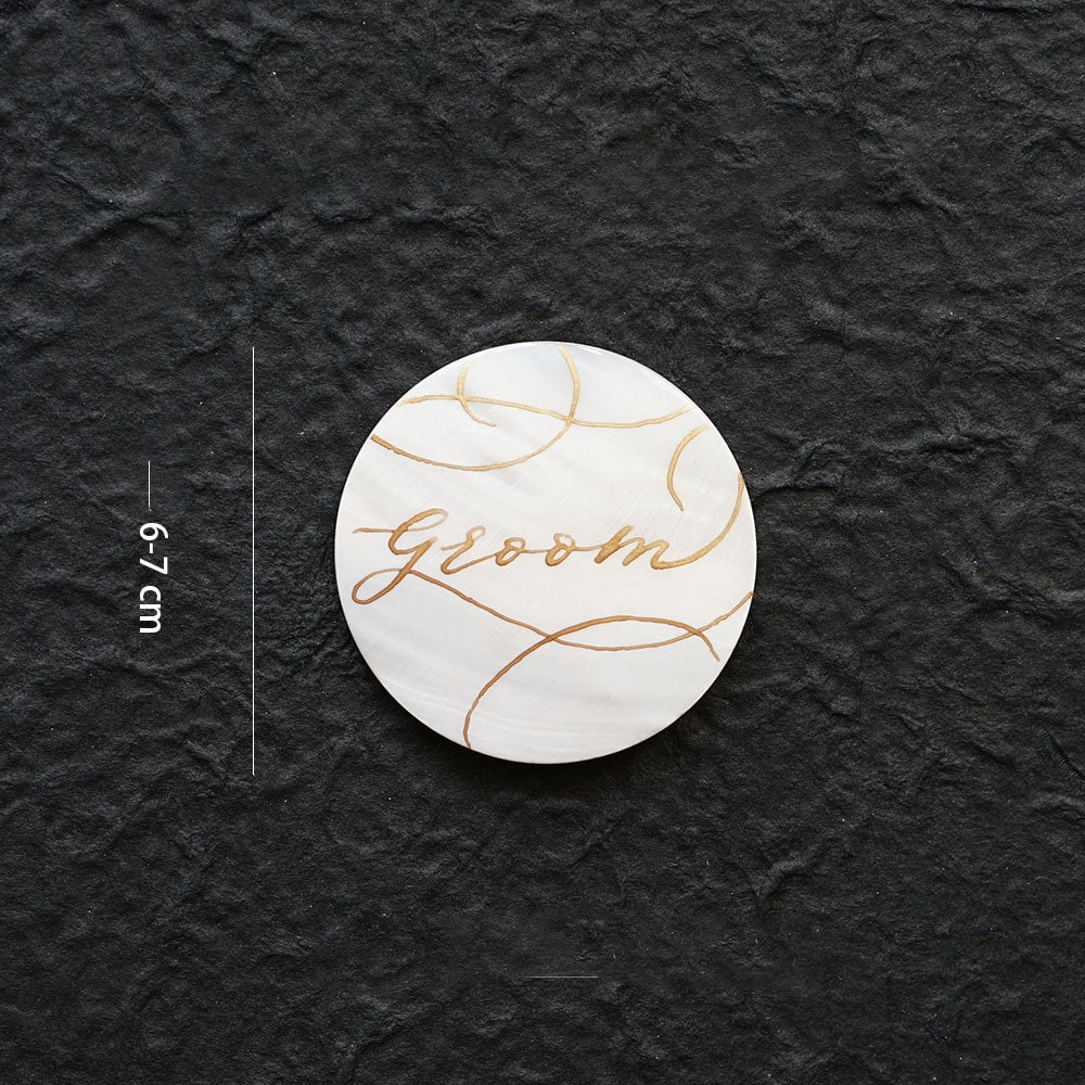 3-4" Raw Round Capiz shells Handwritten Calligraphy Place | Escort Card gold ink