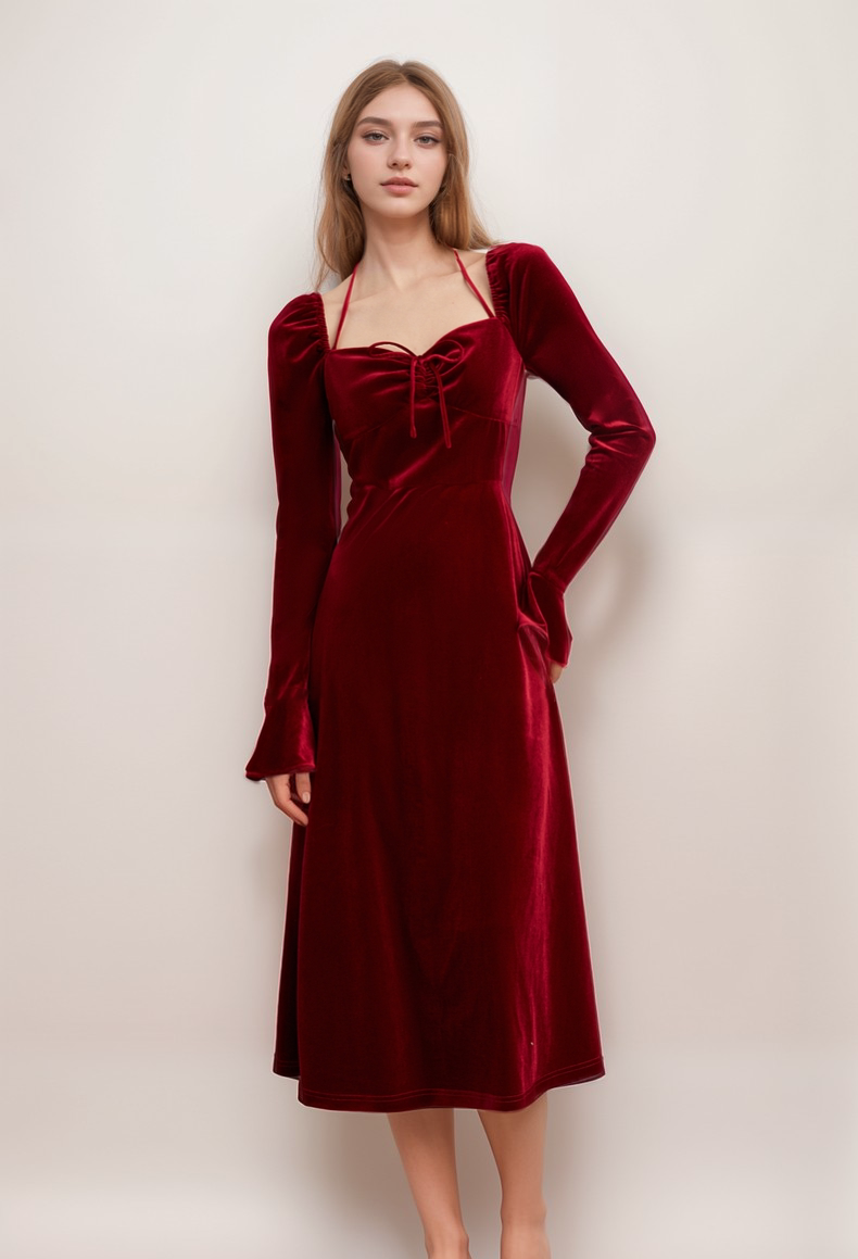 Romantic Red Velvet Long Sleeve Midi Dress with Halter Neckline and Flared Cuffs