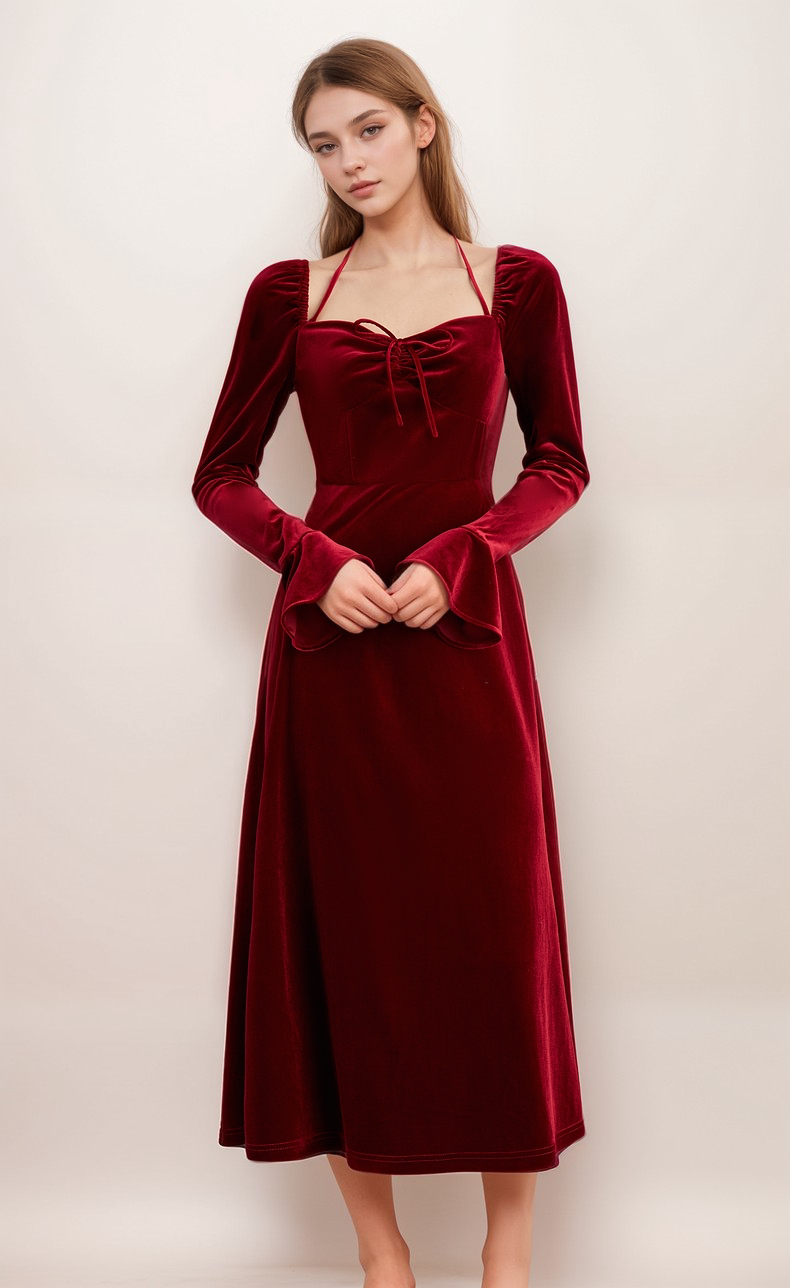 Romantic Red Velvet Long Sleeve Midi Dress with Halter Neckline and Flared Cuffs