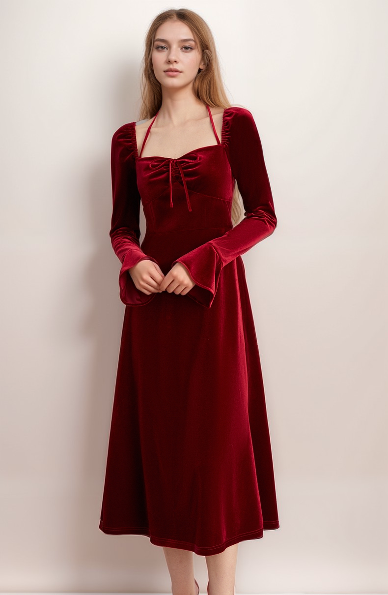 Romantic Red Velvet Long Sleeve Midi Dress with Halter Neckline and Flared Cuffs