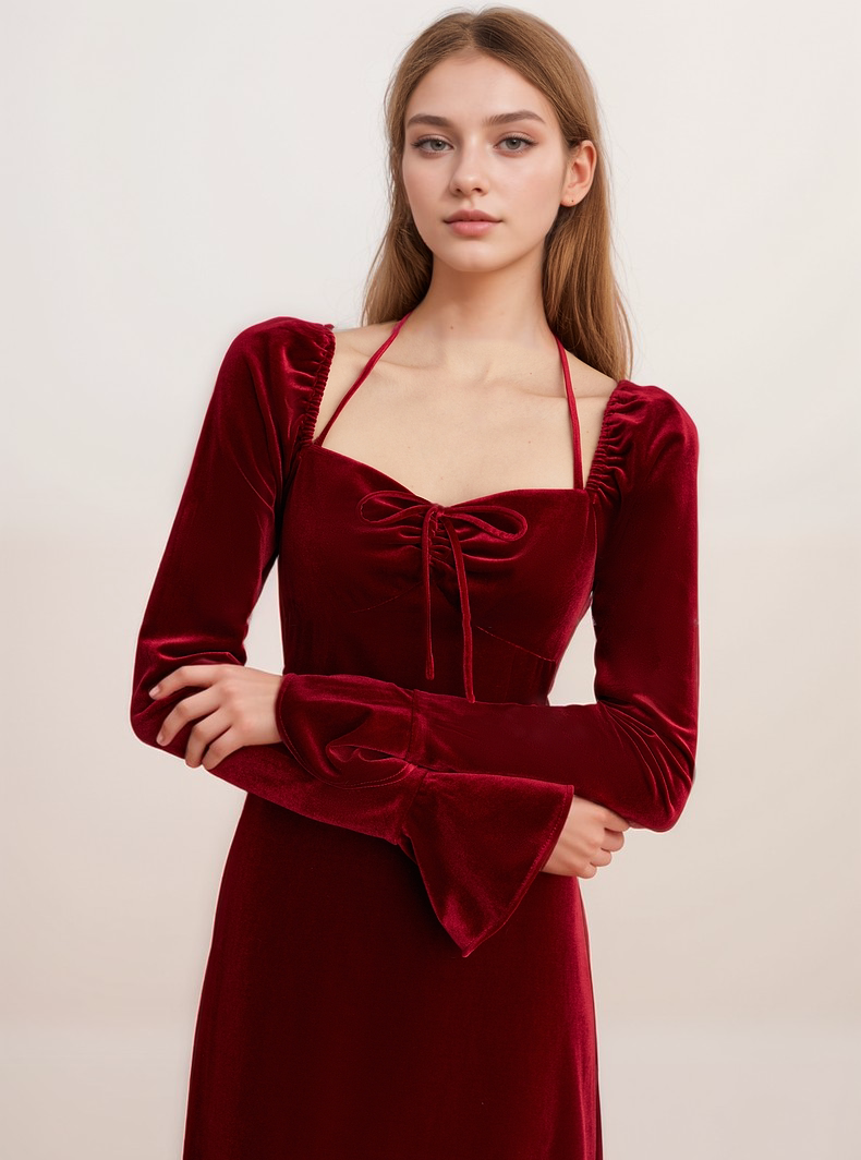 Romantic Red Velvet Long Sleeve Midi Dress with Halter Neckline and Flared Cuffs