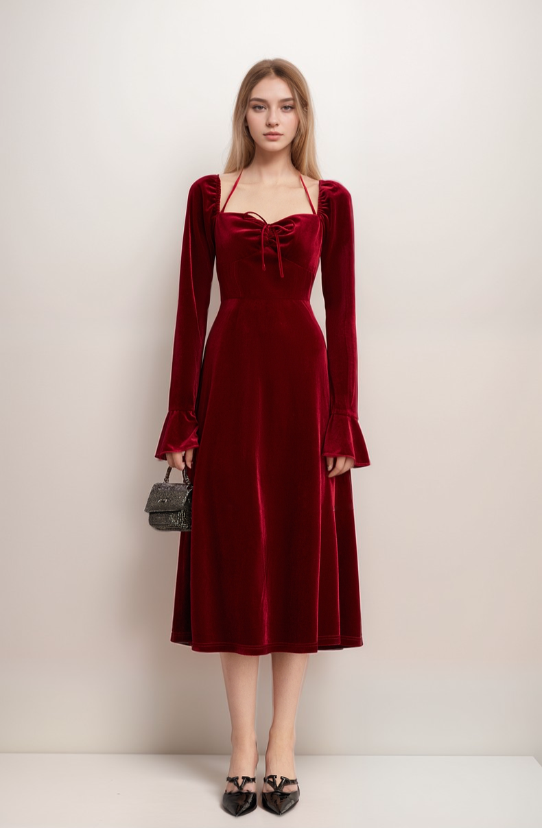 Romantic Red Velvet Long Sleeve Midi Dress with Halter Neckline and Flared Cuffs