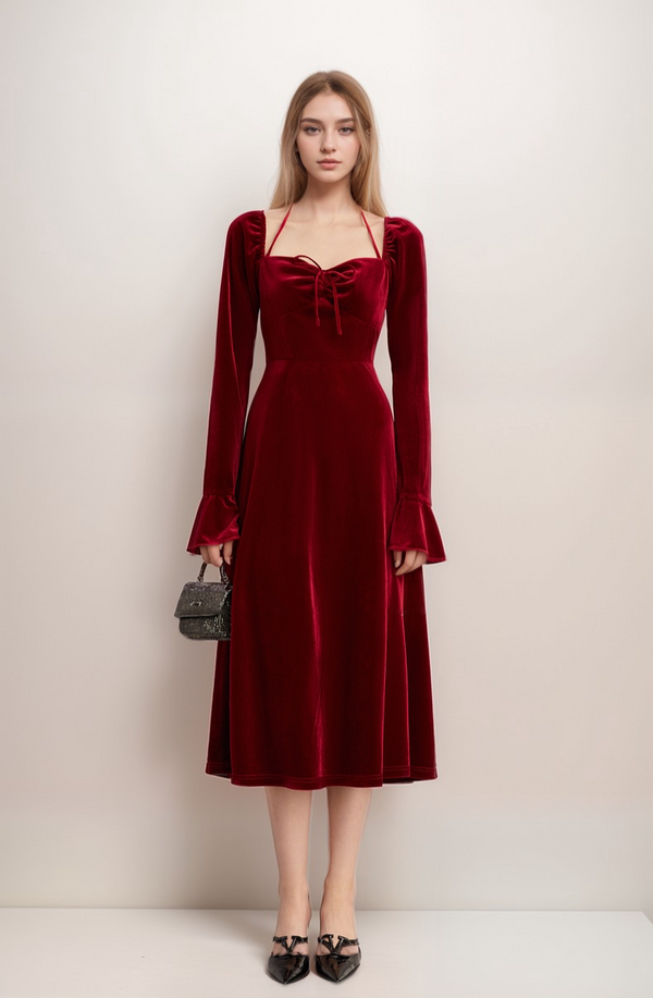 Romantic Red Velvet Long Sleeve Midi Dress with Halter Neckline and Flared Cuffs