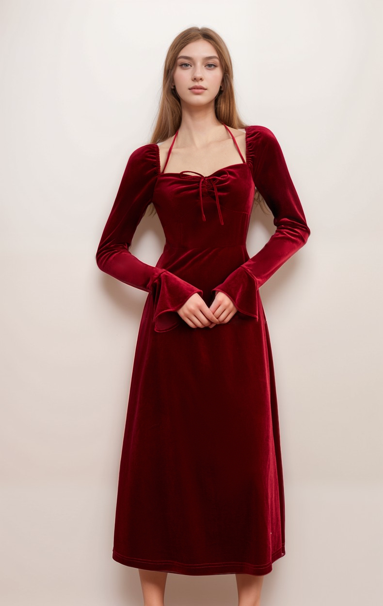 Romantic Red Velvet Long Sleeve Midi Dress with Halter Neckline and Flared Cuffs